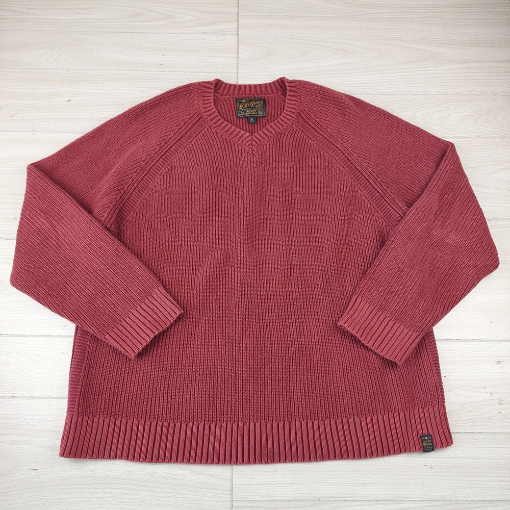 Lucky Brand V-Neck Sweater Mens XL Red Raglan Shaker Stitch Ribbed Knit
